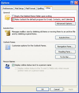 Установить Outlook по умолчанию