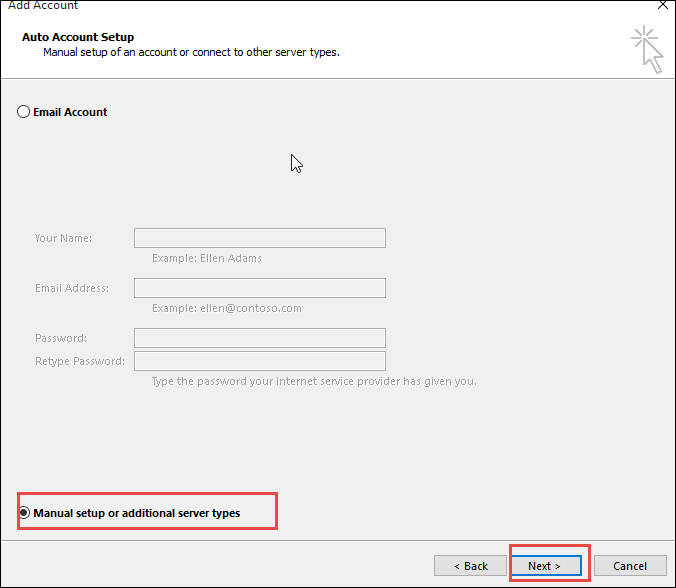 MS Outlook set up settings