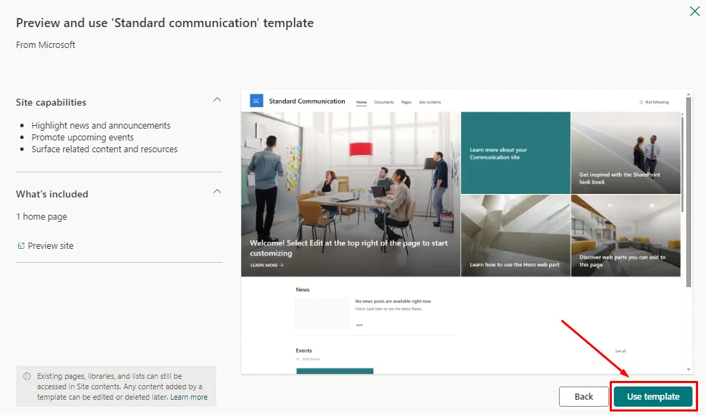 preview the template in communication site