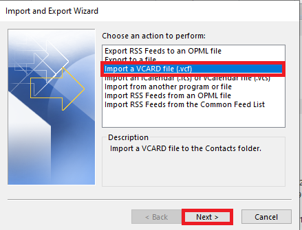 import vcf to outlook